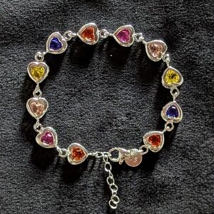 925 Silver Heart Charm Bracelet with Multicolor Stones Gemstones